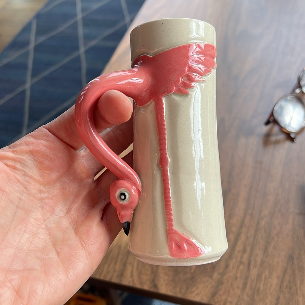 Cindy Searles handmade pottery flamingo mug